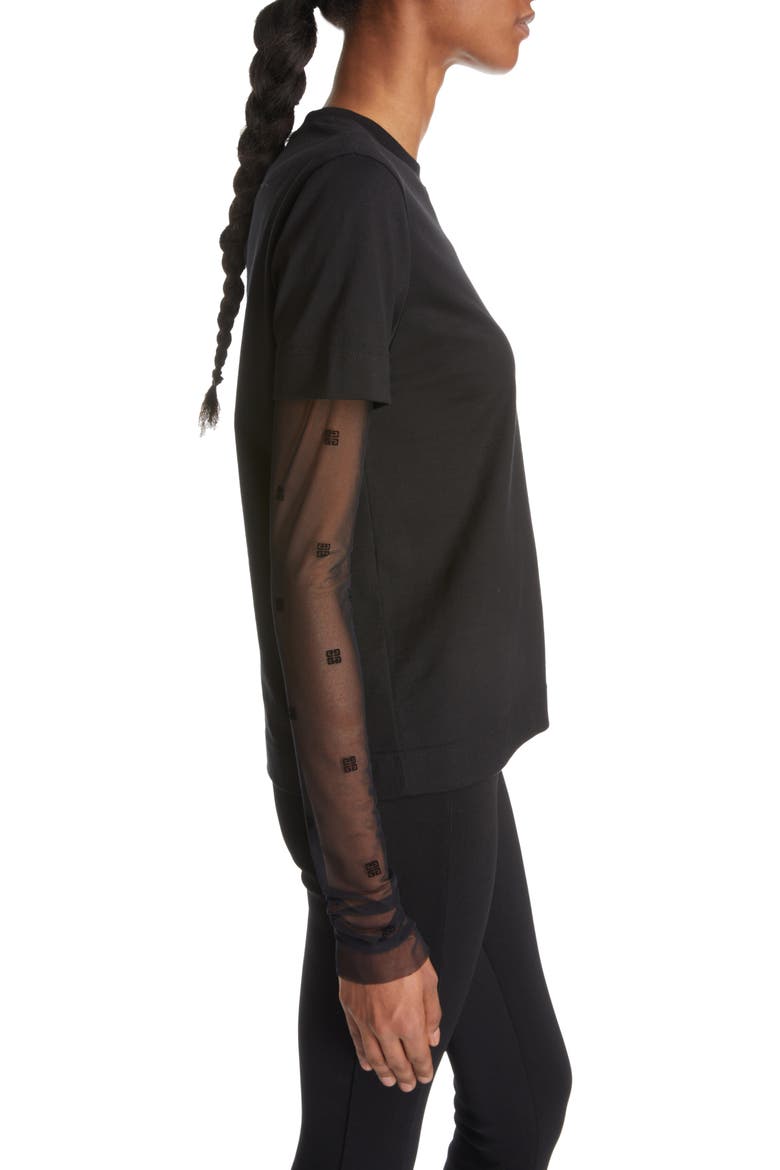 4G Tulle Sleeve Cotton T-Shirt, Alternate, color, BLACK