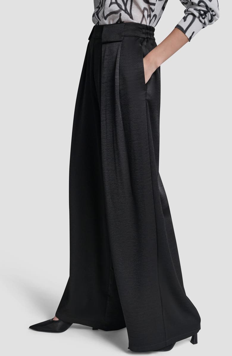 DKNY Pleat Wide Leg Satin Pants, Alternate, color, Black