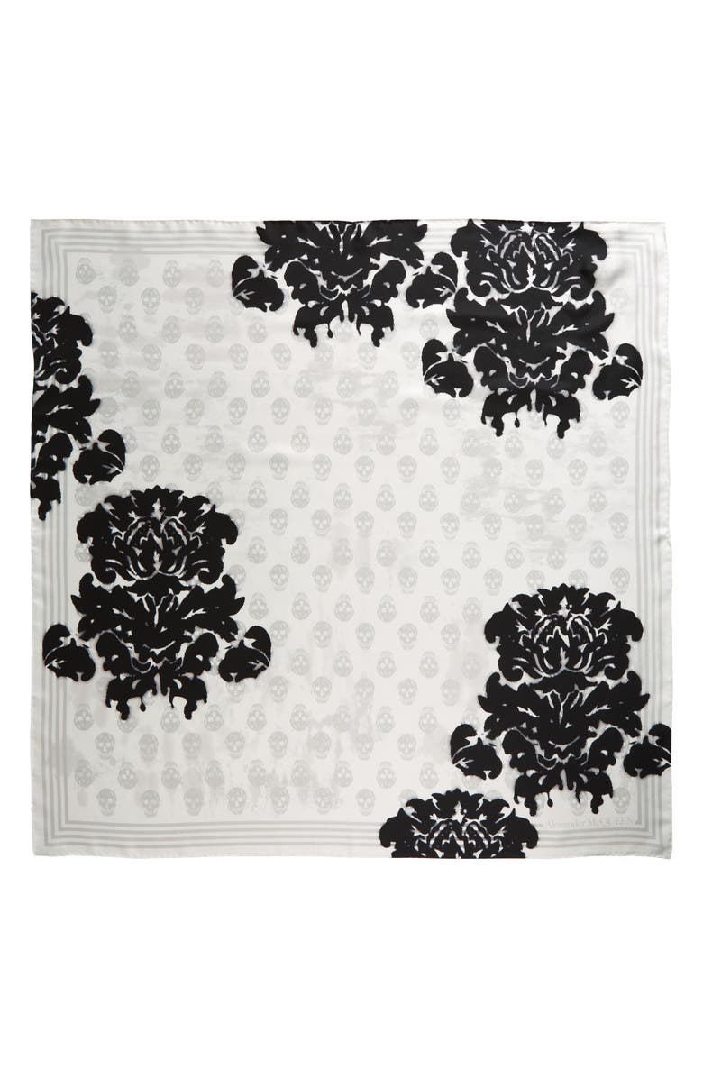McQueen Floral Skull Silk Square Scarf, Main, color, Ivory/ Black