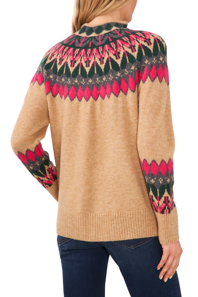 Fair Isle Funnel Neck Sweater, Alternate, color, LATTE HEATHER