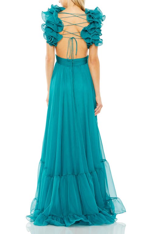 Mac Duggal Women's Ieena Ruffle Tiered Cut-out Chiffon Gown In Turquoise