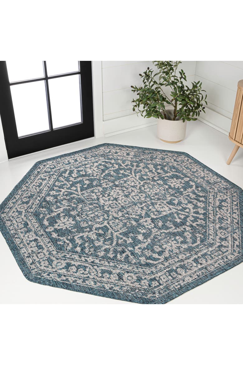 Malta Bohemian Medallion Textured Weave Octagon Indoor/Outdoor Area Rug, Alternate, color, Teal/Gray