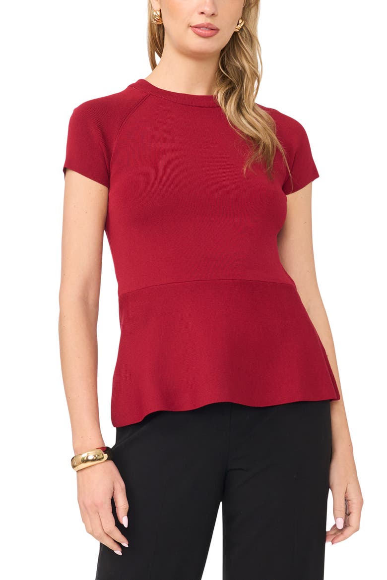 Short Sleeve Ribbed Peplum Sweater, Main, color, GARNET RED