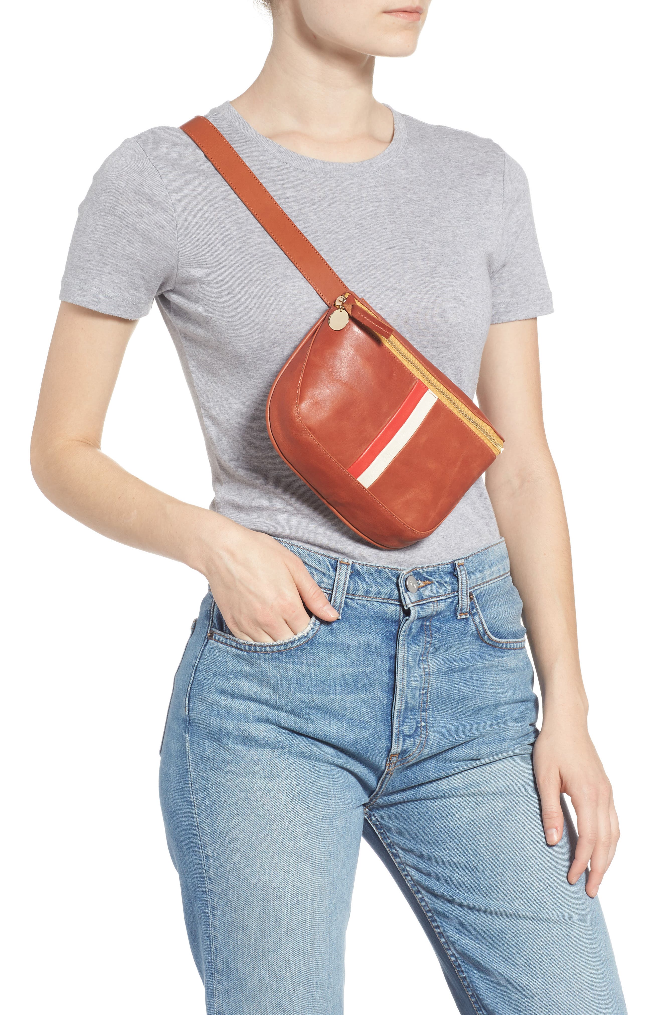 Leather Fanny Pack, Alternate, color, COGNAC VEG STRIPE