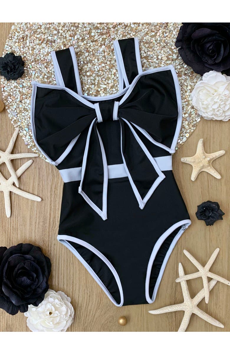 Mia Belle Girls Sun-Kissed Elegance Statement Bow Black One Piece Swimsuit, Alternate, color, 