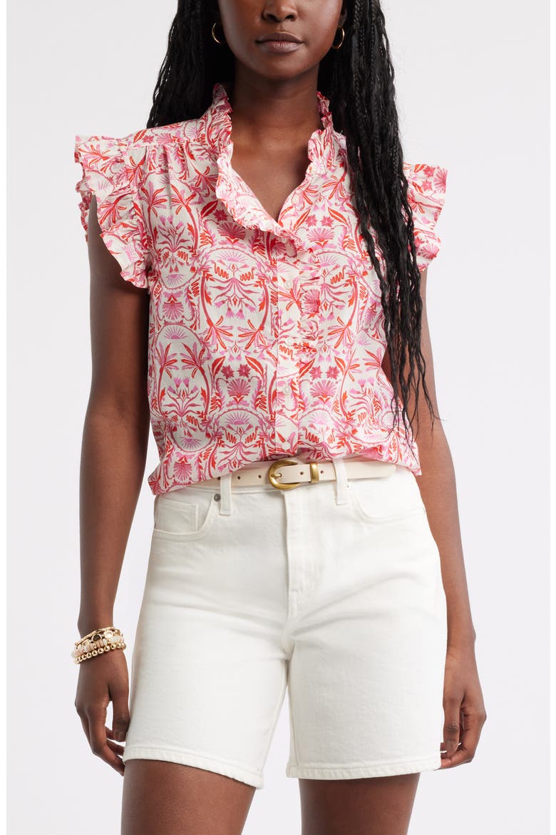 Ruffle Sleeve Cotton Blend Top, Main, color, IVORY- PINK PALM FLORAL