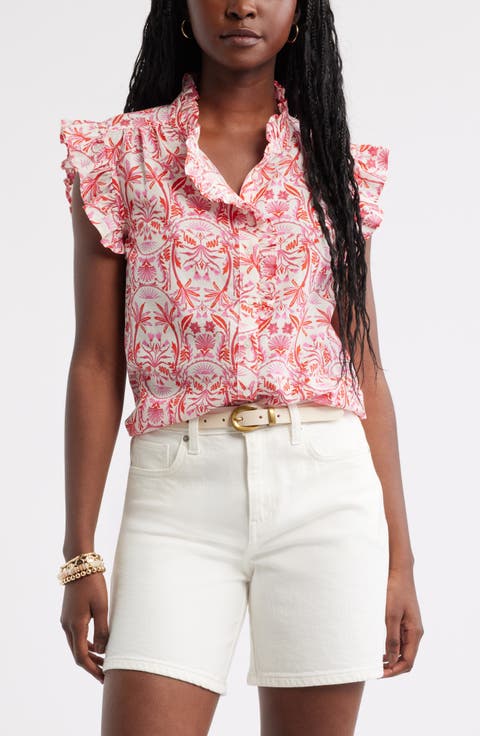 Ruffle Sleeve Cotton Blend Top