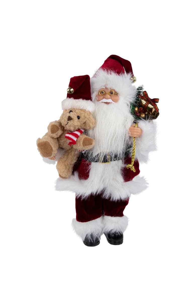 Northlight 12" Traditional Santa Claus Christmas Figure with Teddy Bear and Gift Bag, Main, color, Red