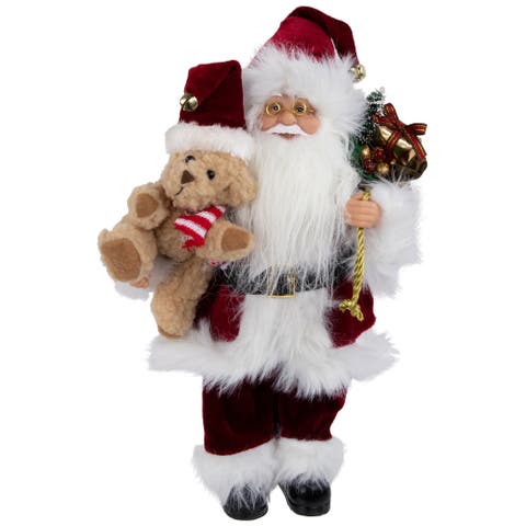 12" Traditional Santa Claus Christmas Figure with Teddy Bear and Gift Bag