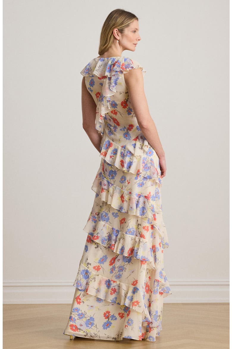 Floral Ruffle Detail Georgette Gown, Alternate, color, CREAMY WHITE/ MULTI