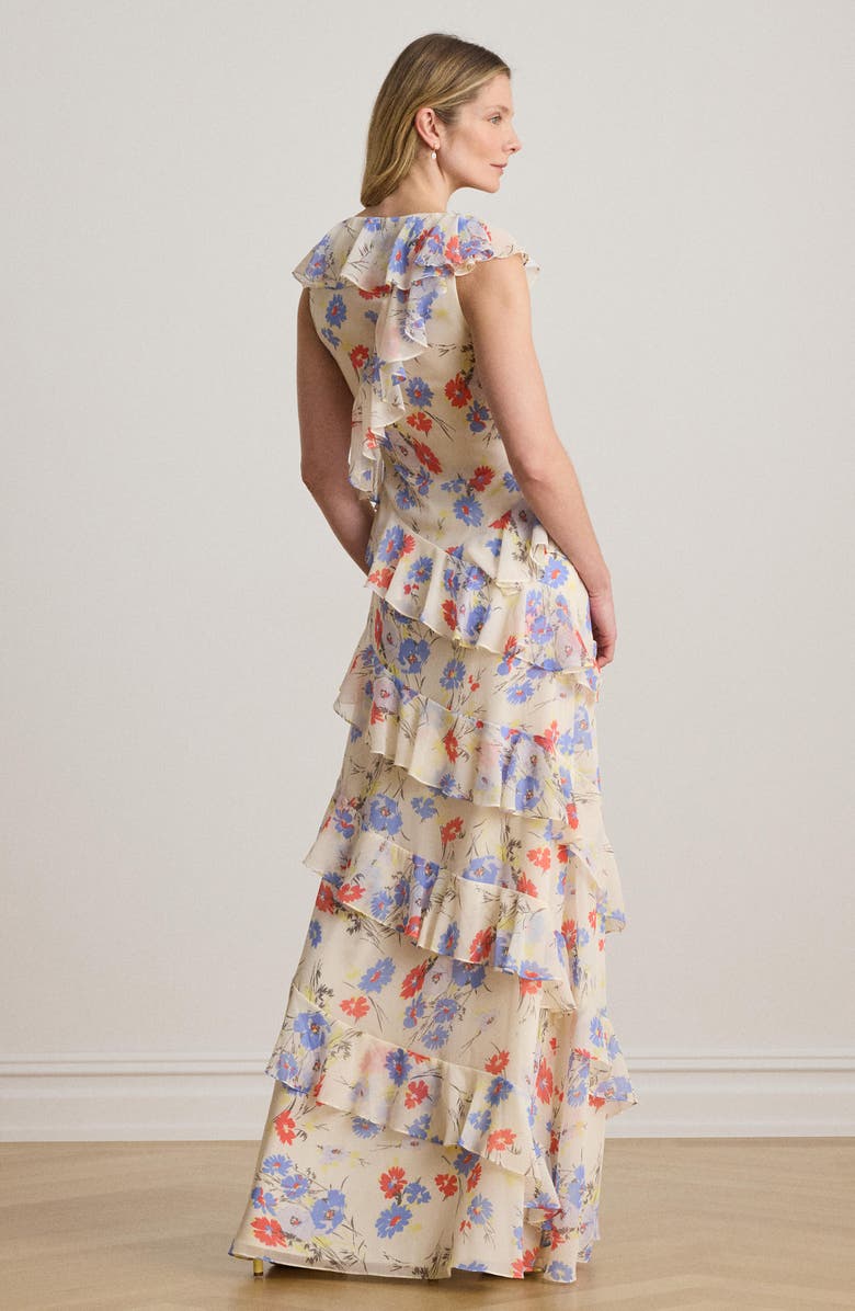 Lauren Ralph Lauren Floral Ruffle Detail Georgette Gown, Alternate, color, Creamy White/ Multi