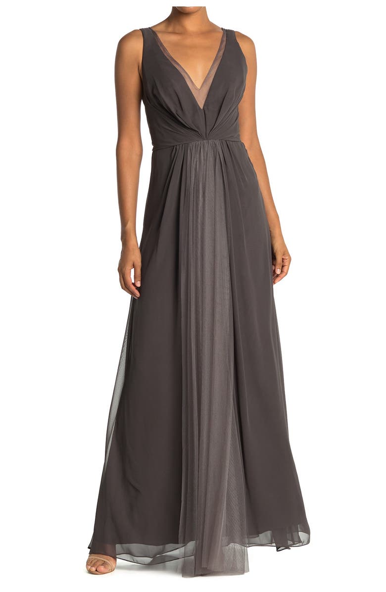 Monique Lhuillier Bridesmaids Deep V-Neck Chiffon & Tulle Gown, Main, color, 