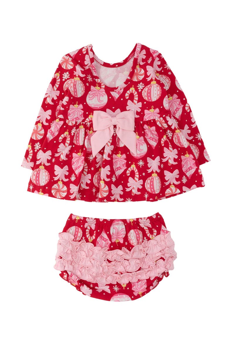 Holiday Knit Long Sleeve Twirl Top and Bloomer Set, Alternate, color, Red Holly Ornament Bows