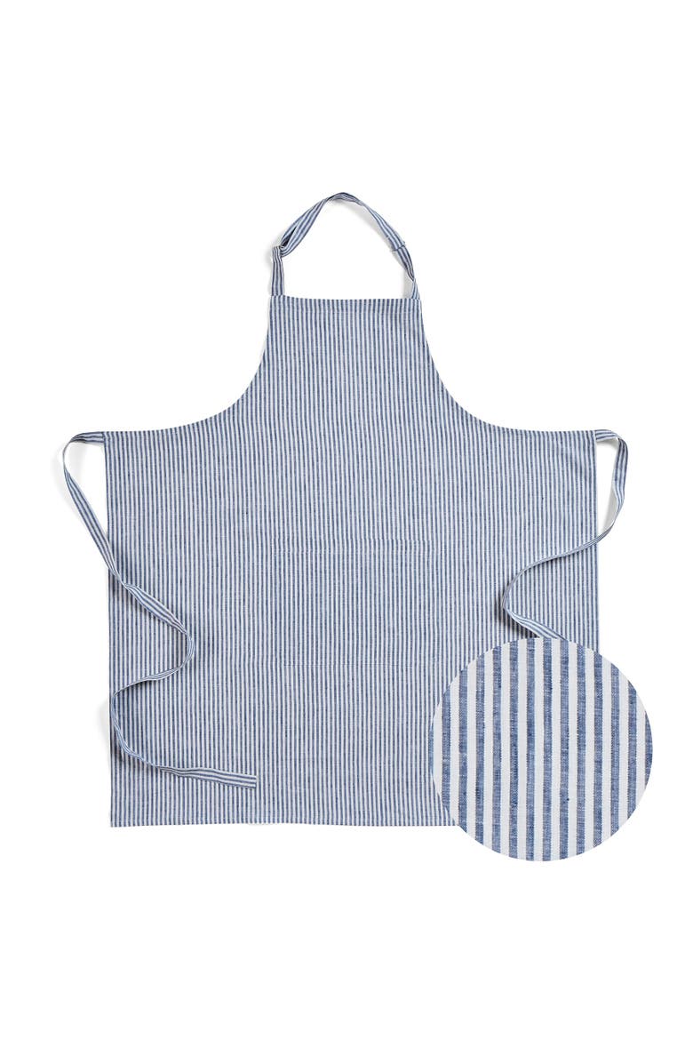 Linen Bib Apron with Adjustable Neck Strap & Center Pockets, 38 x 36 Inches, Main, color, Navy and White