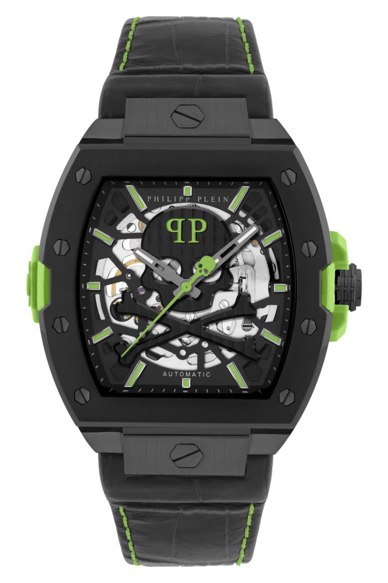 The $keleton 2.0 Automatic Leather Strap Watch, 44mm, Main, color, BLACK
