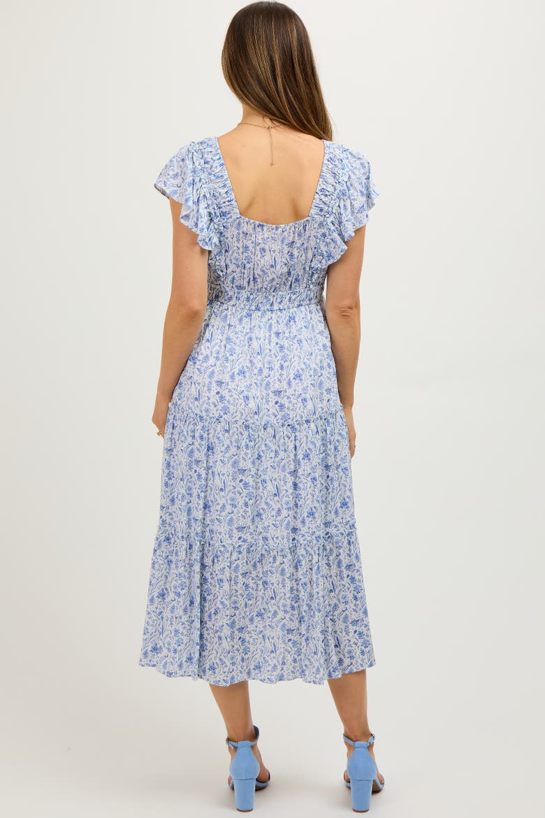 Floral Front Ruched Ruffle Shoulder Tiered Midi Dress, Alternate, color, Blue