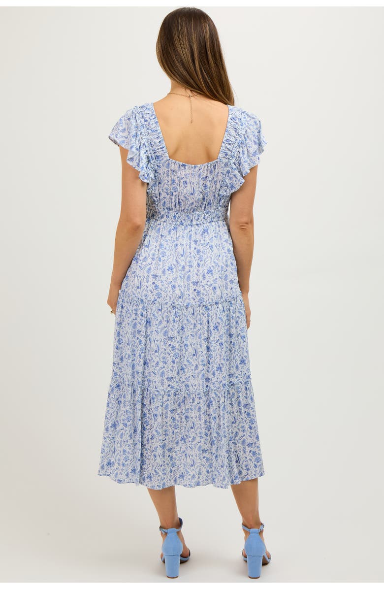 PinkBlush Floral Front Ruched Ruffle Shoulder Tiered Midi Dress, Alternate, color, Blue