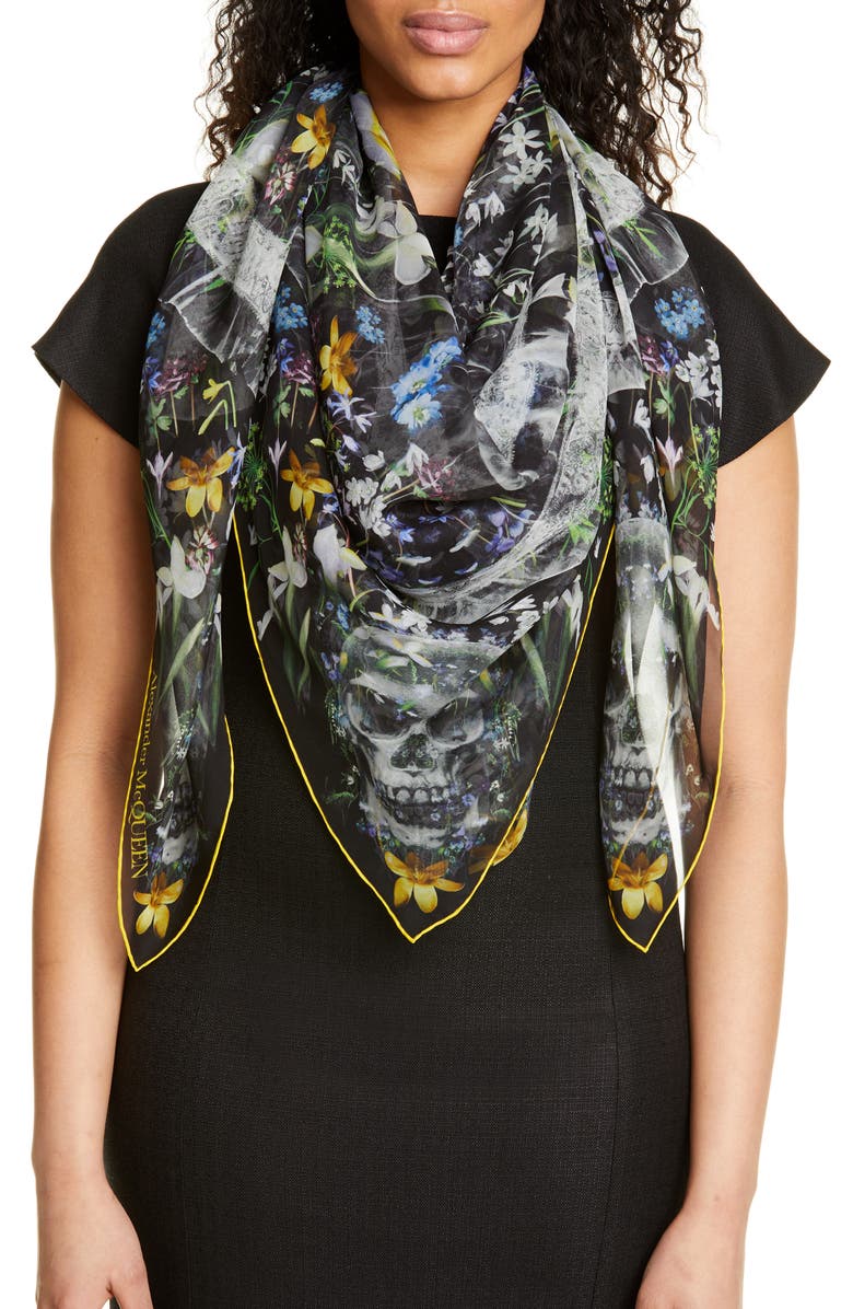 McQueen Alexander McQueen Ophelia Silk Square Scarf, Main, color, Black/ Light Purple