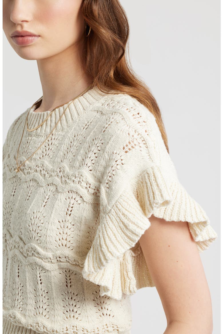 Flutter Sleeve Cotton Pointelle & Rib Sweater, Alternate, color, IVORY DOVE
