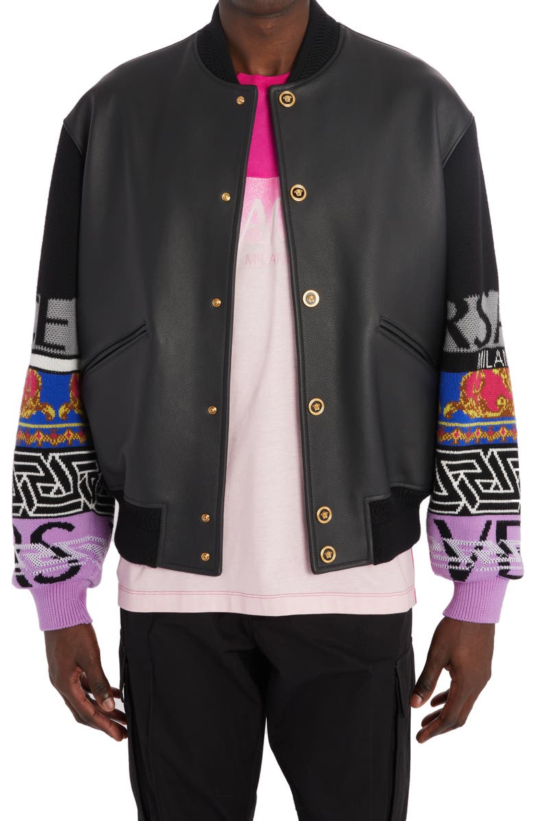 Versace Renaissance La Greca Mixed Media Bomber Jacket, Main, color,