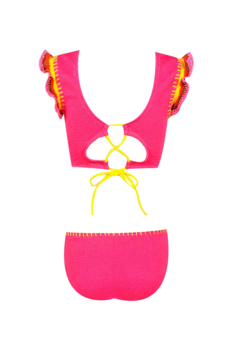 Hand-Knitted Ruffle & Lacework Detail Two Piece Bikini, Little Kid-Big Kid, Alternate, color, Pink