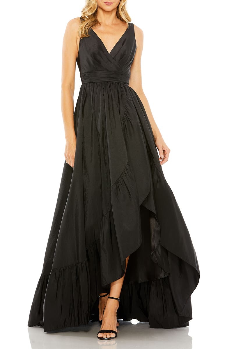 Mac Duggal Sleeveless Taffeta High-Low Ruffle Gown, Main, color, Black