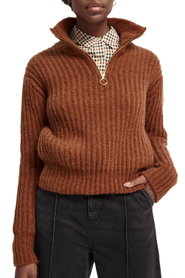 Ribbed Half Zip Sweater, Main, color, CHESTNUT MELANGE