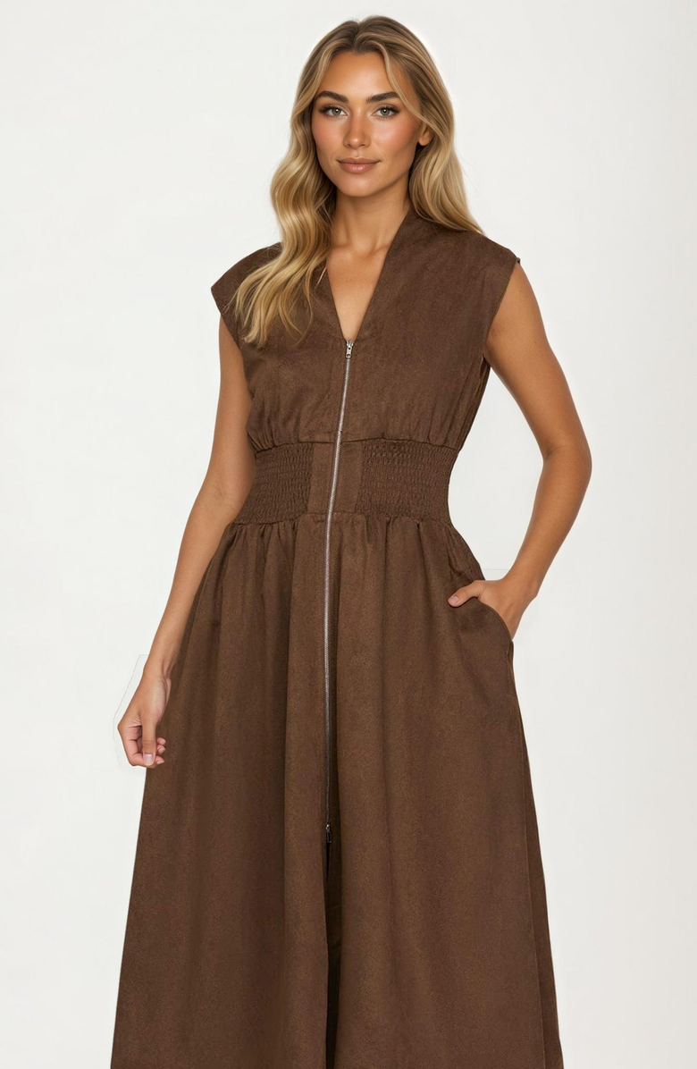 Knit and Lounge Zip Front Sleeveless Smocked Waist Midi Dress, Alternate, color, 