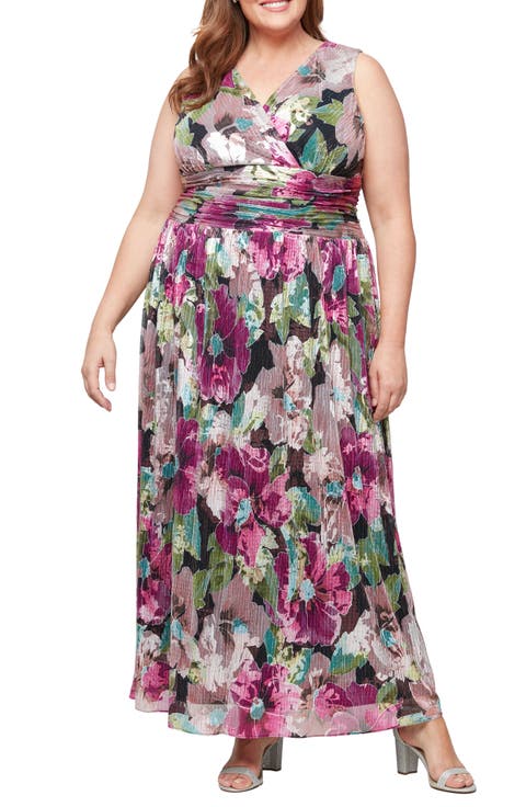 Metallic Floral Surplice Neck Gown (Plus)