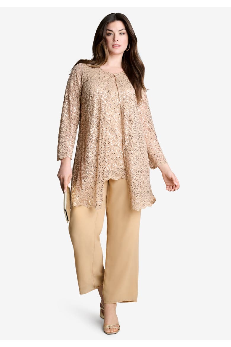 Plus-Size 3 Piece Allover Sequin Lace Jacket And Tank Pant Set, Alternate, color, CLASSIC RED