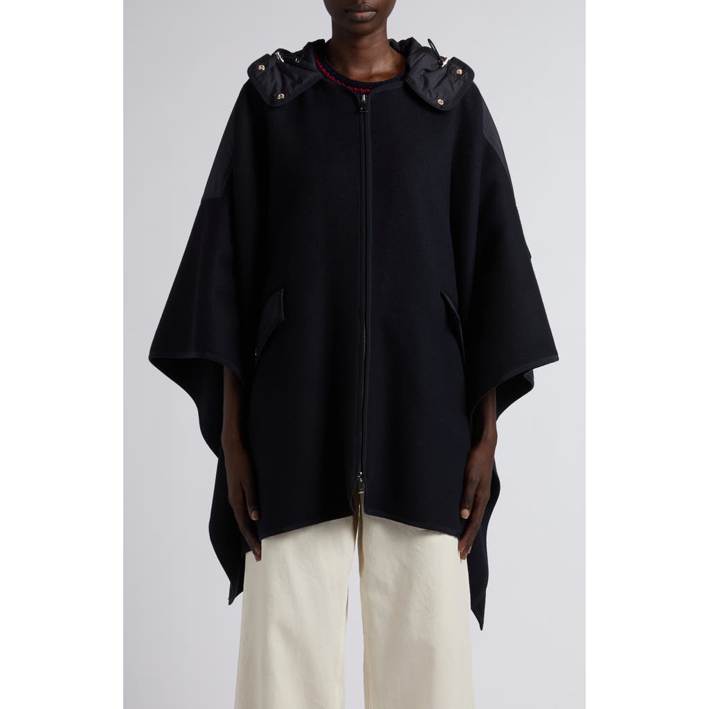 Moncler Hooded Wool Blend Cape In Black
