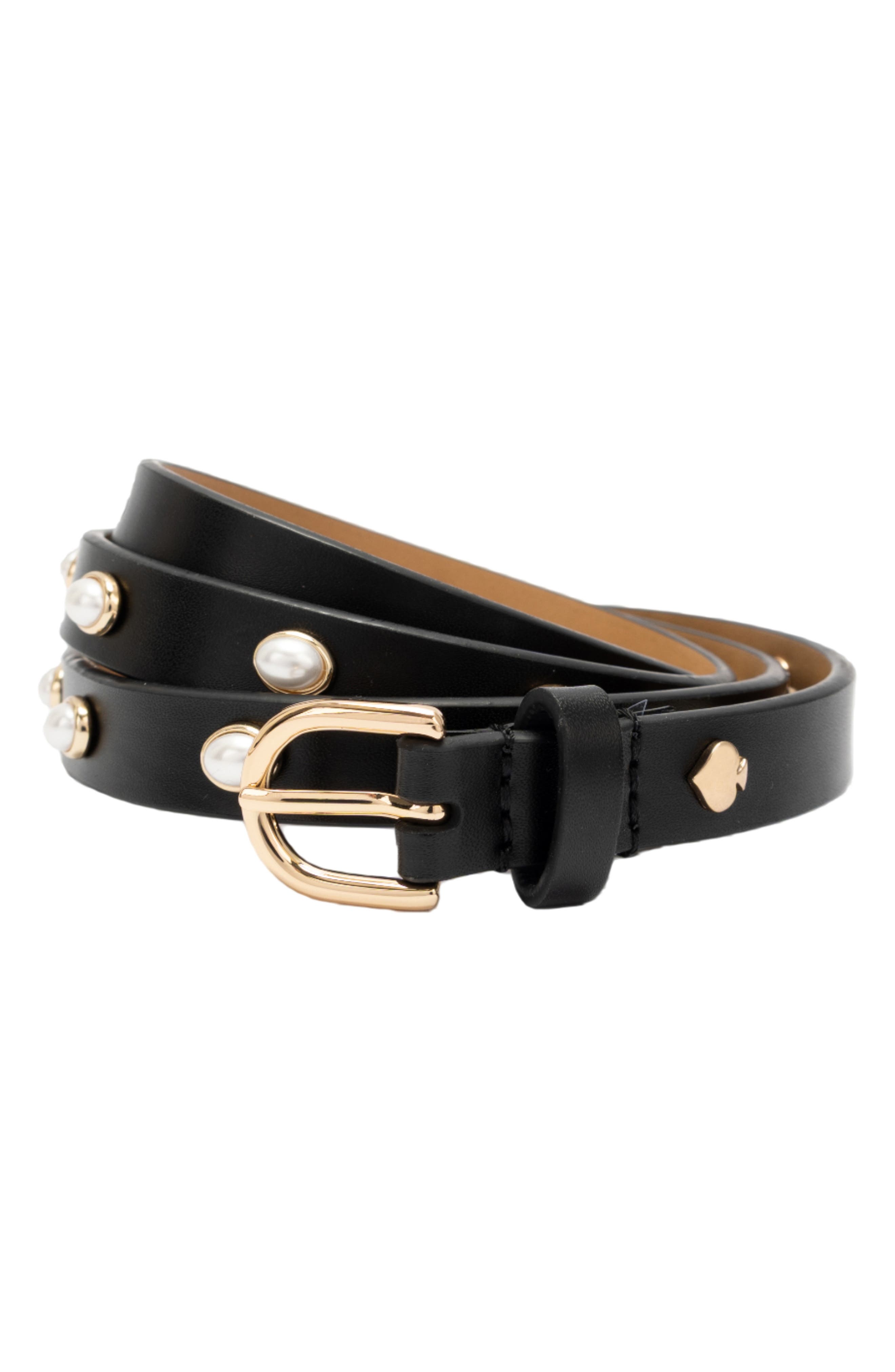 NWT Kate Spade Black Leather Belt with Pearl Accent Detail Size XL Gold Hardware Kate Spade New York Faux Pearl Halo Stud Leather Belt (Women  main image 4