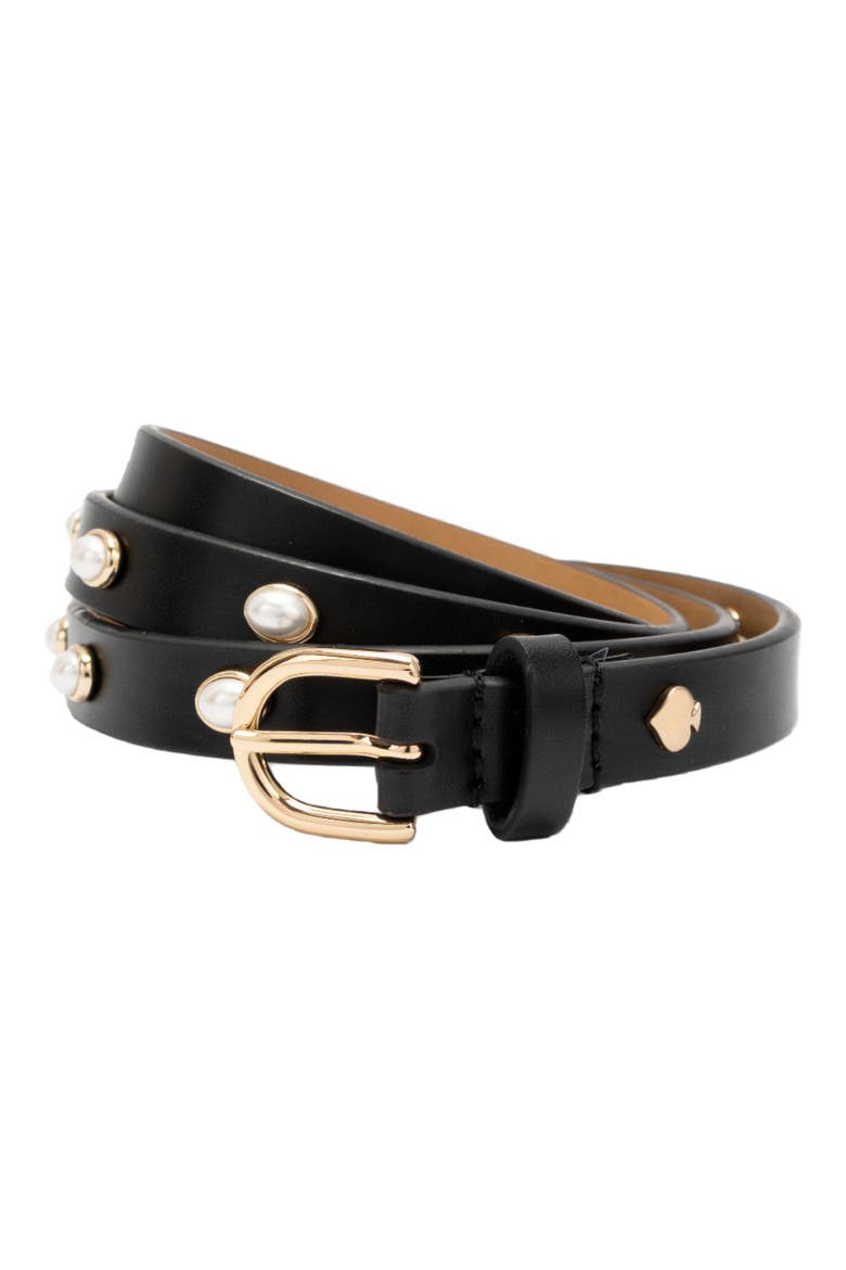Faux Pearl Halo Stud Leather Belt, Alternate, color, BLACK