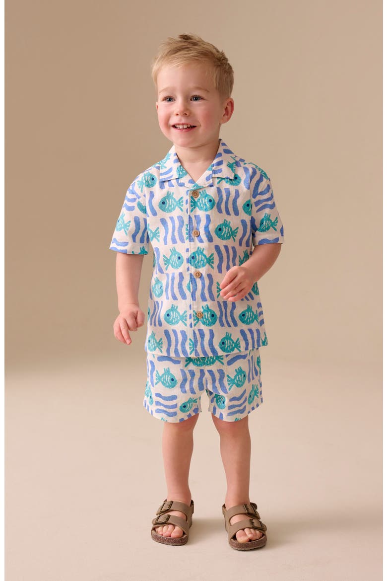 Kids' Fish Print Camp Shirt & Drawstring Shorts Set, Alternate, color, MULTI