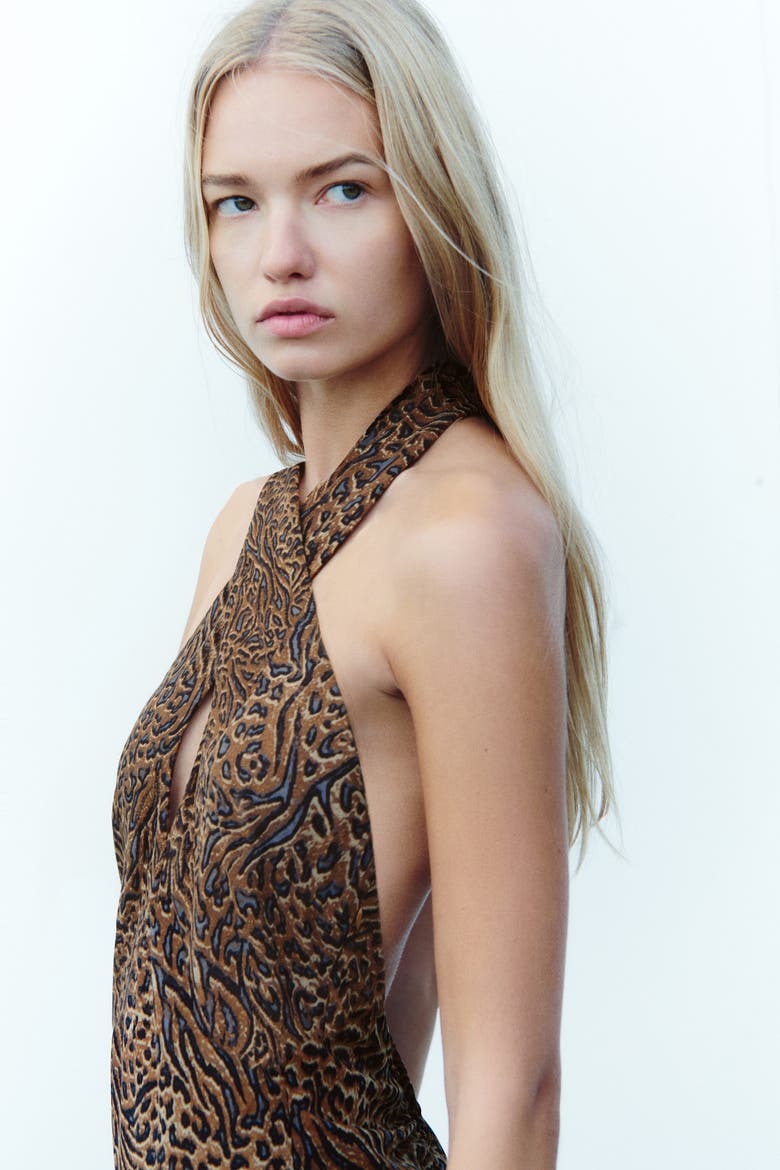 Asymmetric Halterneck Dress, Alternate, color, Dark brown/leopard print
