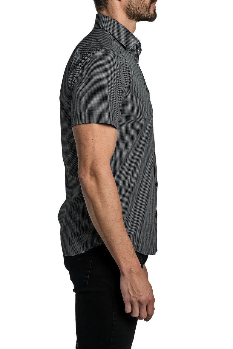 Trim Fit Grid Print Short Sleeve Cotton Button-Up Shirt, Alternate, color, BLACK