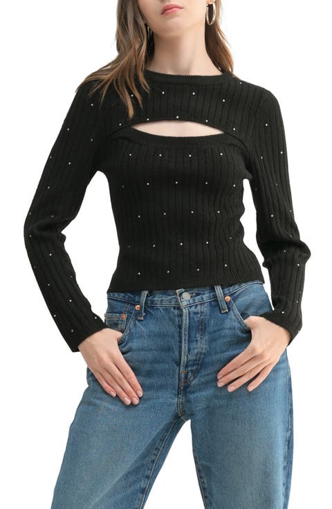 Rhinestone Embellished Cutout Rib Sweater