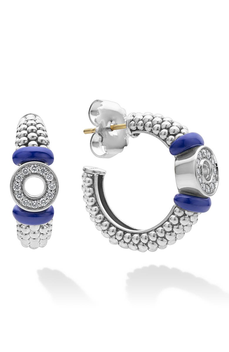 LAGOS Blue Caviar Diamond & Ceramic Hoop Earrings, Main, color, 
