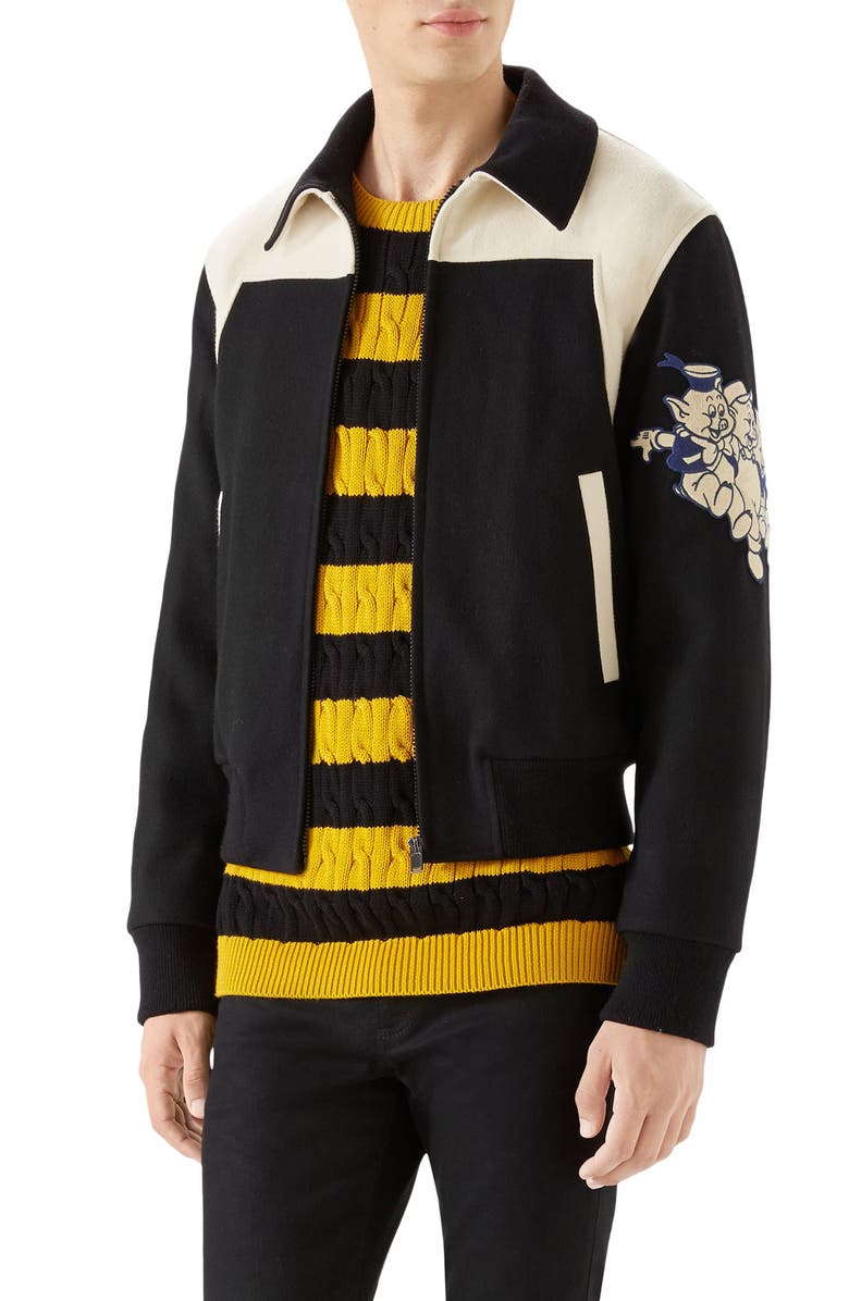 Gucci Wool Bomber with Cat Appliqué, Alternate, color, 
