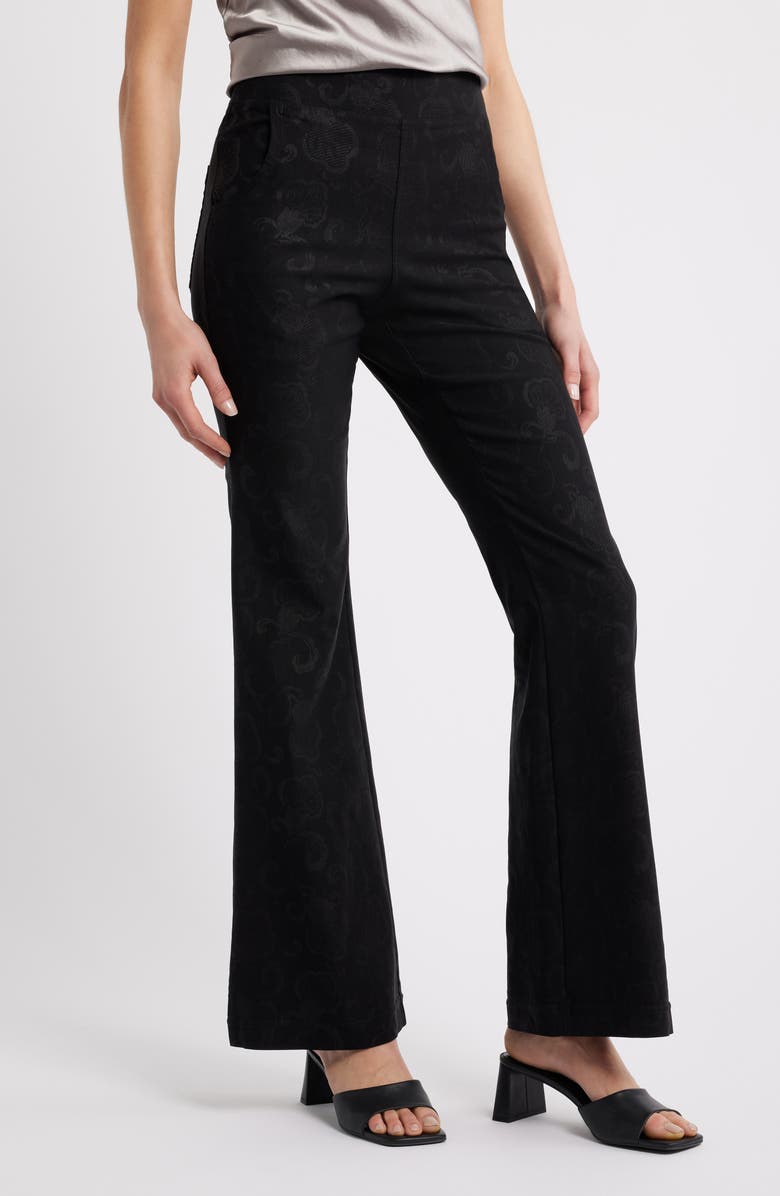 Hue High Waist Etched Floral Flare Leg Pants, Main, color, Black