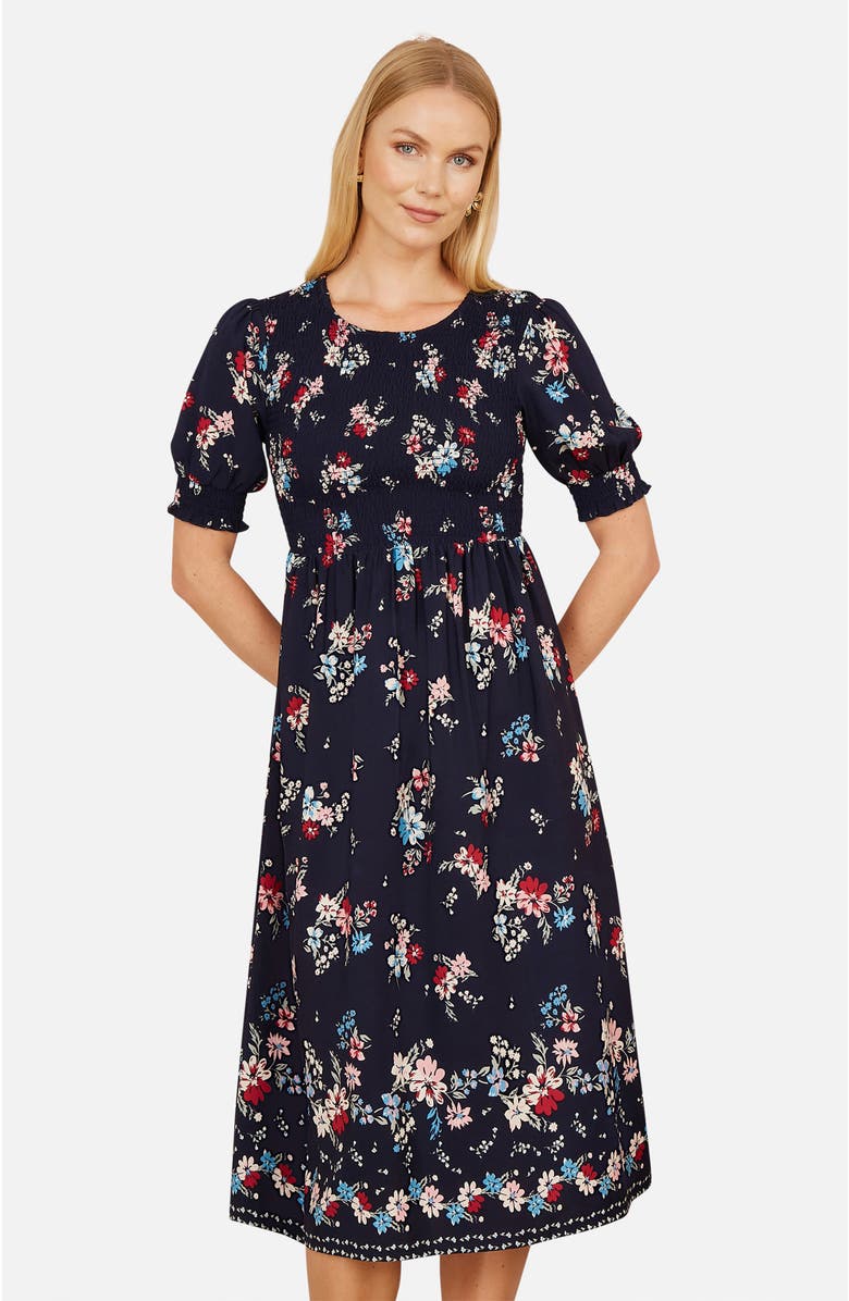 Yumi Smocked Bodice Floral Ruched Midi Dress, Alternate, color, Navy