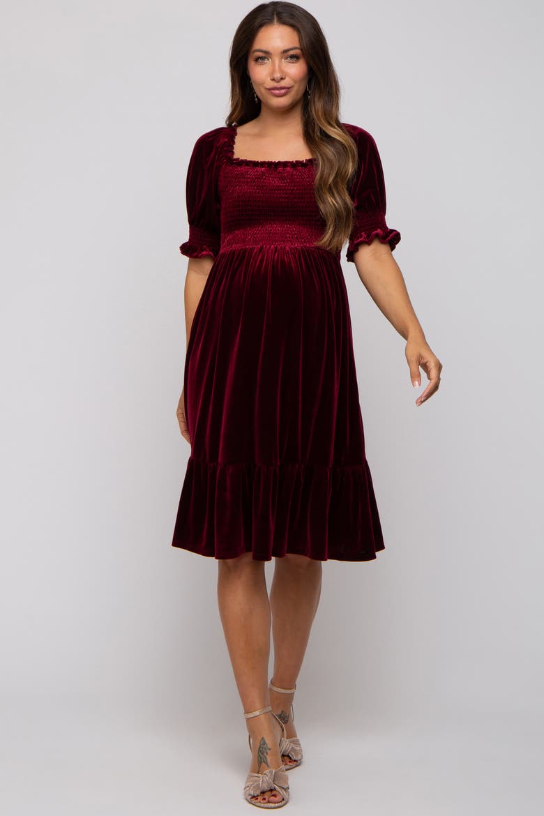Velvet Smocked Puff Sleeve Dress, Main, color, Burgundy