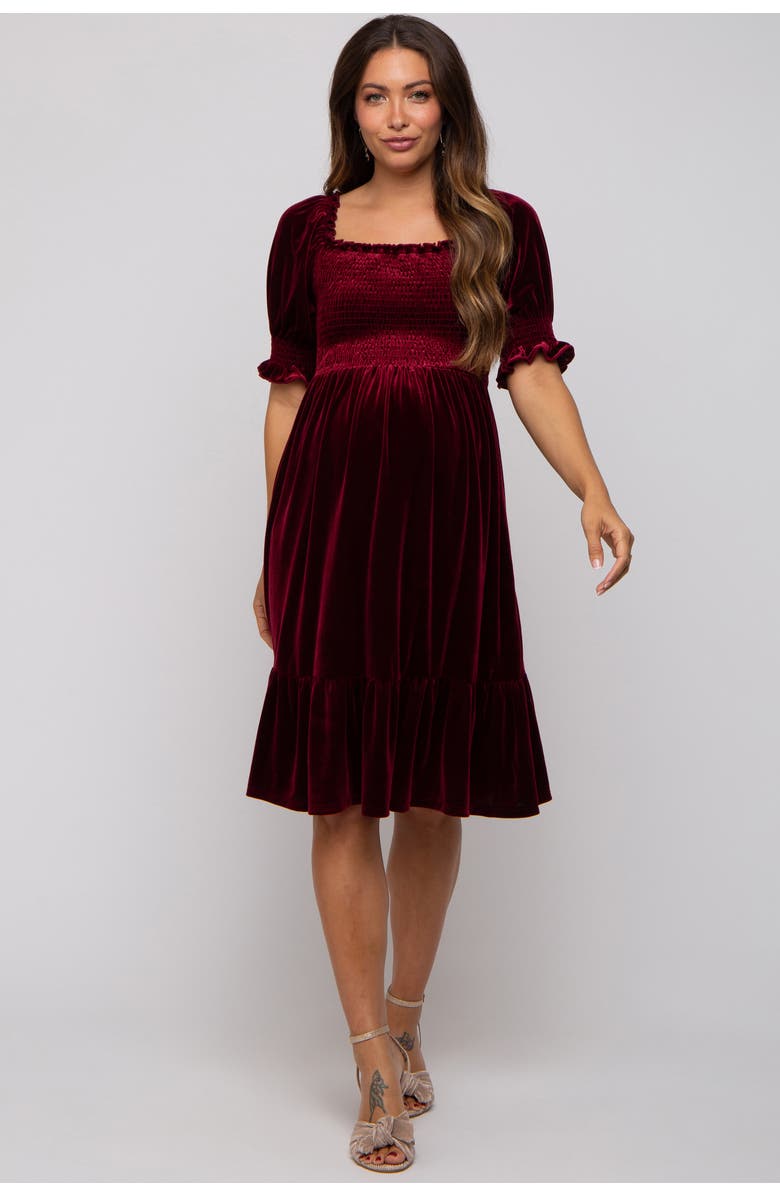 PinkBlush Velvet Smocked Puff Sleeve Dress, Main, color, Burgundy
