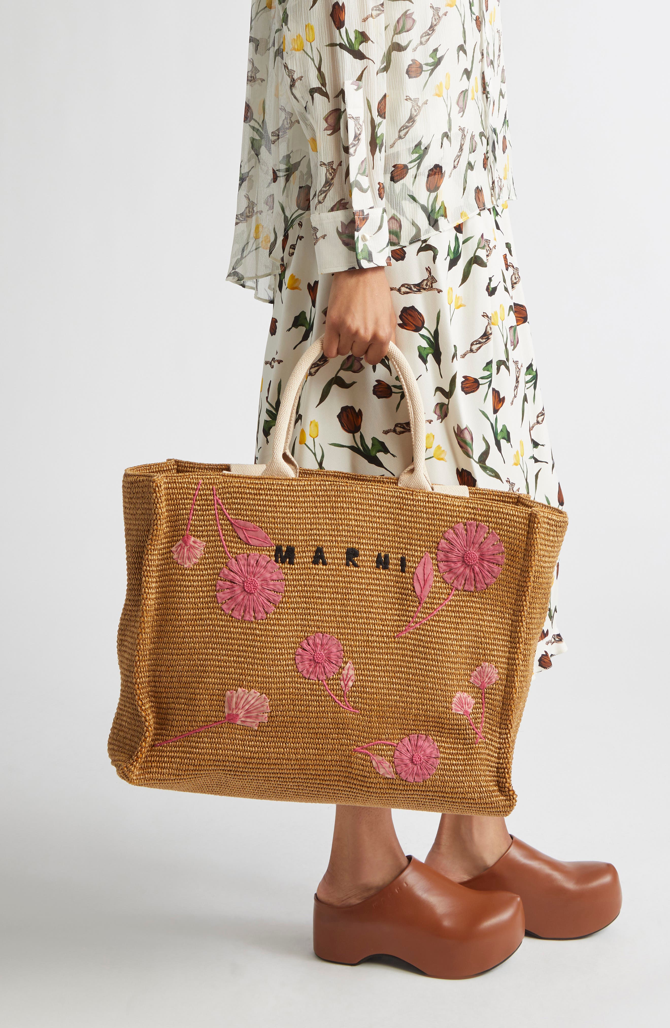 Marni Large Floral Embroidered Tote, Alternate, color, Natural