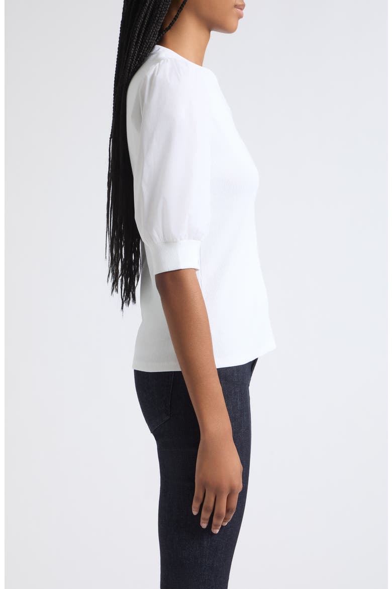 Coralee Puff Sleeve Mixed Media Henley Top, Alternate, color, WHITE