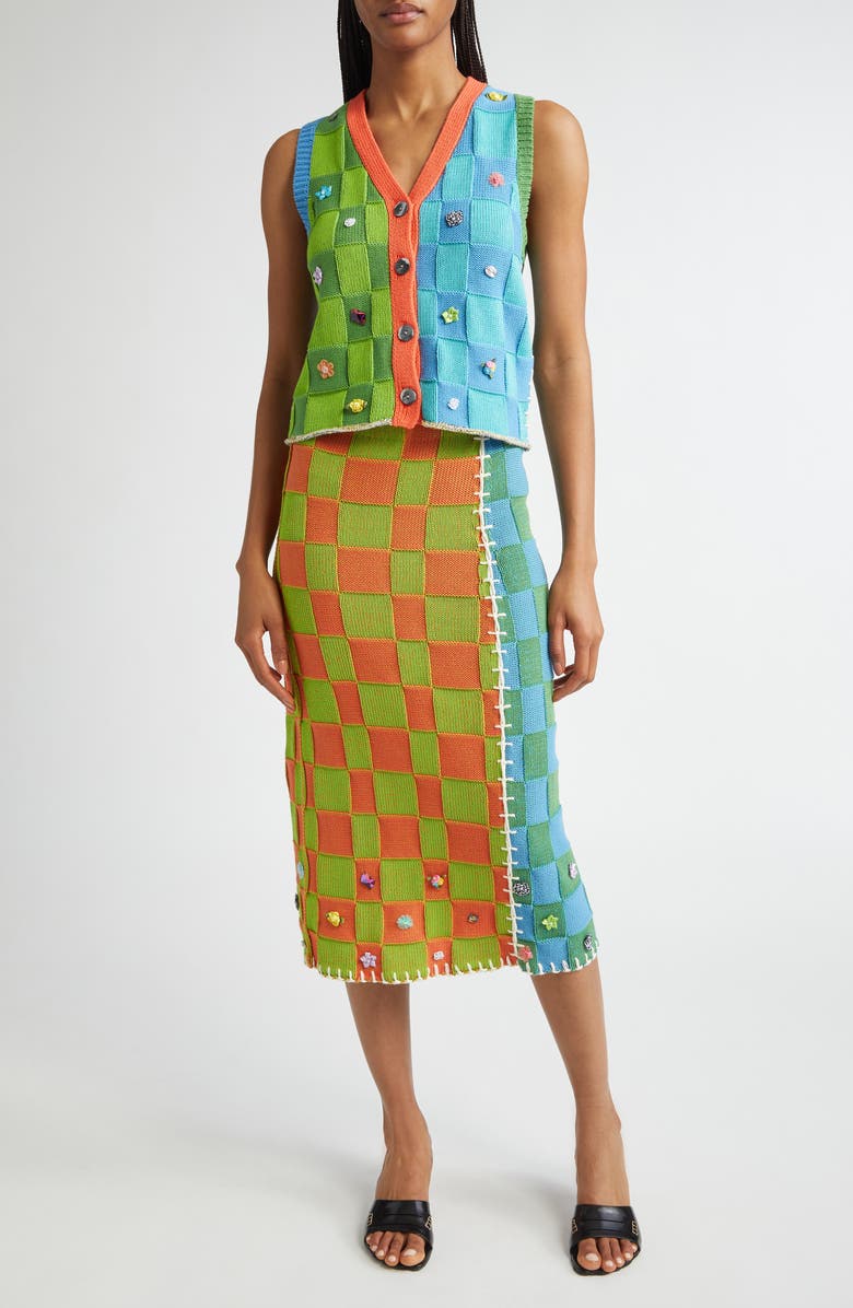 YanYan Floral Ribbon Checkerboard Midi Skirt, Alternate, color, 