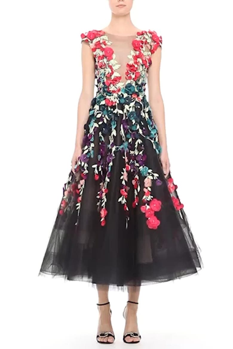 Plunging V-Neck 3D Embellished Tulle Midi Dress, Main, color, BLACK