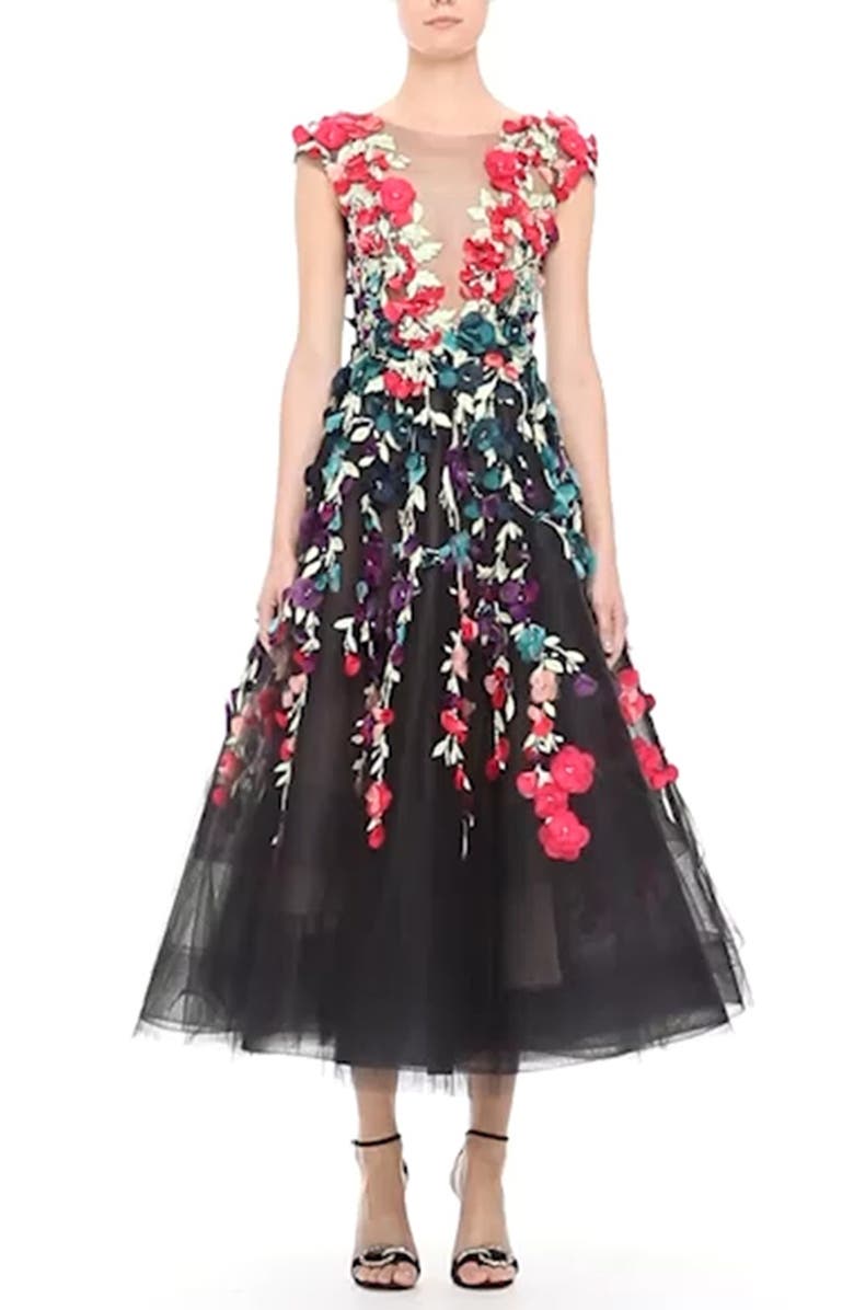 Marchesa Plunging V-Neck 3D Embellished Tulle Midi Dress, Main, color,
