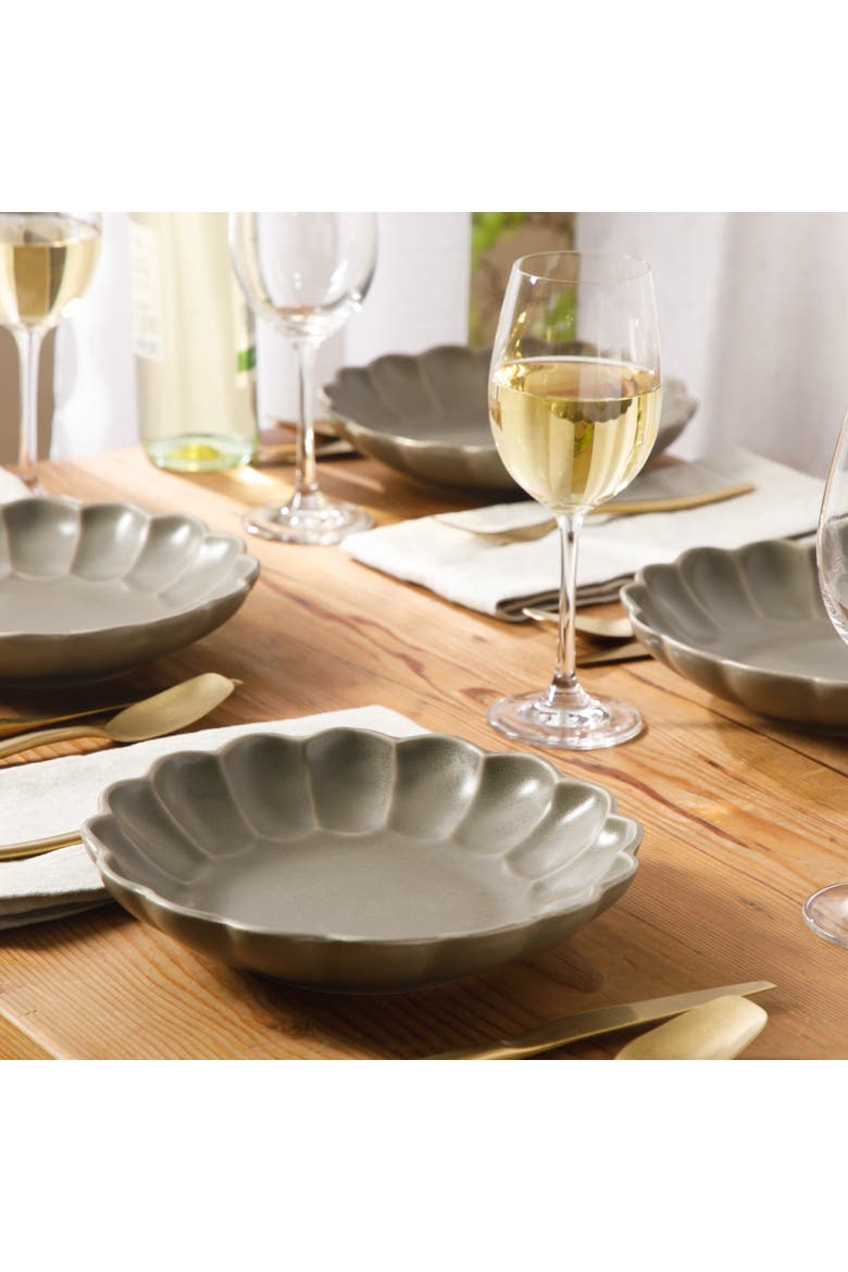 Yuelu Bloom 4 Piece Dinner Bowl Set, 9-inch Embossed Scallop Stoneware Bowls, Reactive Glaze, Large Soup, Pasta & Salad Bowls, Alternate, color, Olive Stone