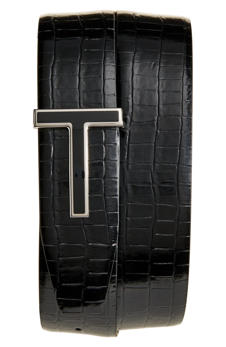 TOM FORD Croc Embossed T-Logo Belt, Main, color, 